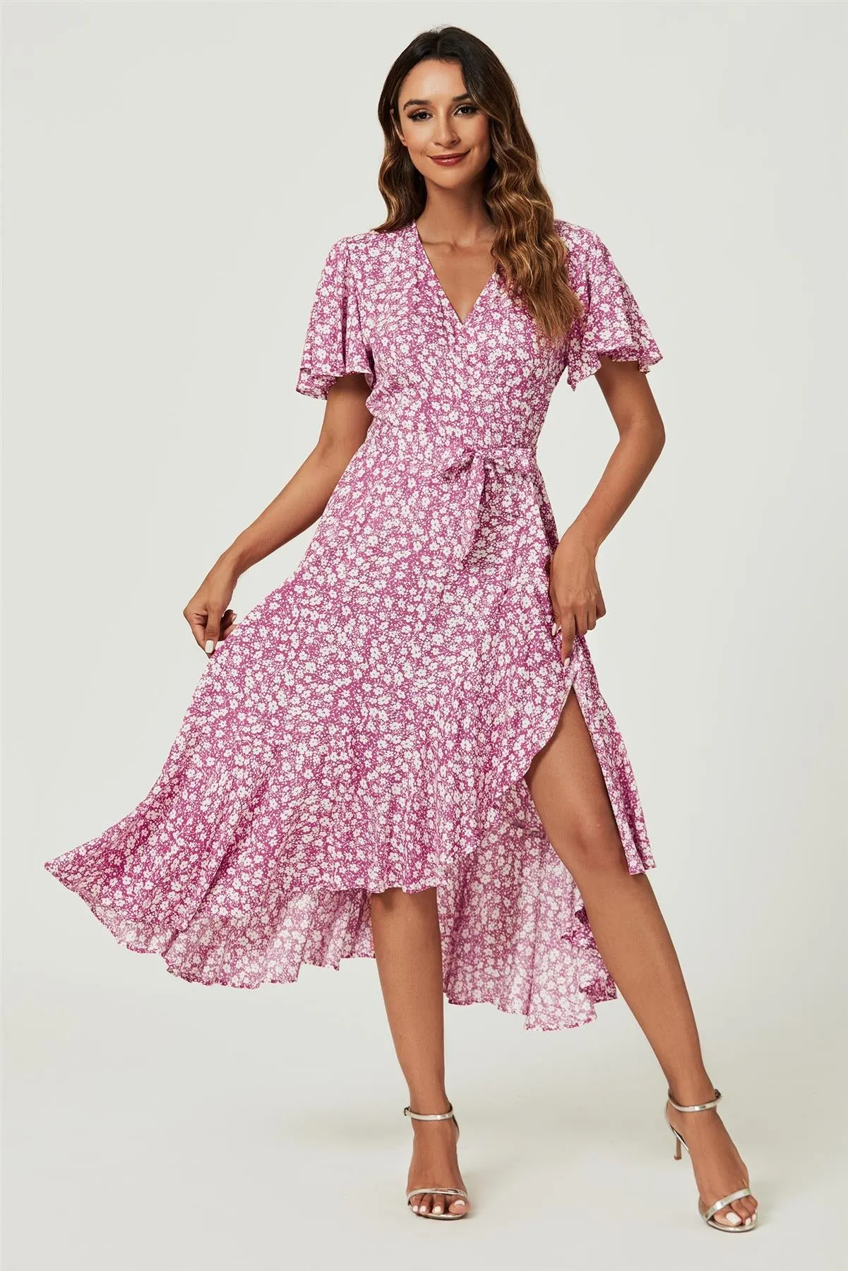 FS Collection Floral Print Midi Wrap Dress In Pink sold by Goddiva product image thumbnail 4