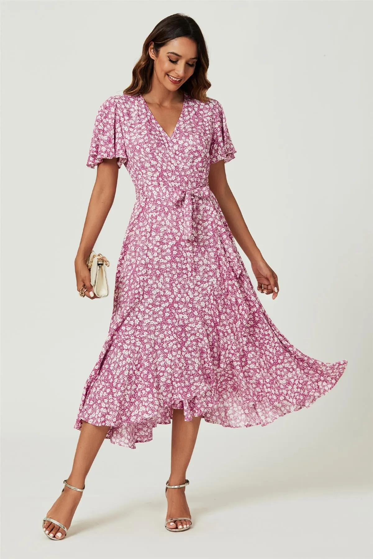FS Collection Floral Print Midi Wrap Dress In Pink sold by Goddiva
