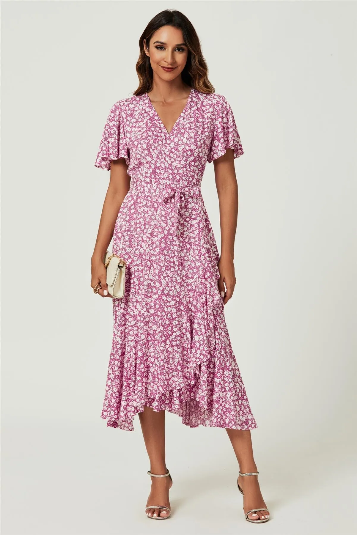 FS Collection Floral Print Midi Wrap Dress In Pink sold by Goddiva product image thumbnail 5