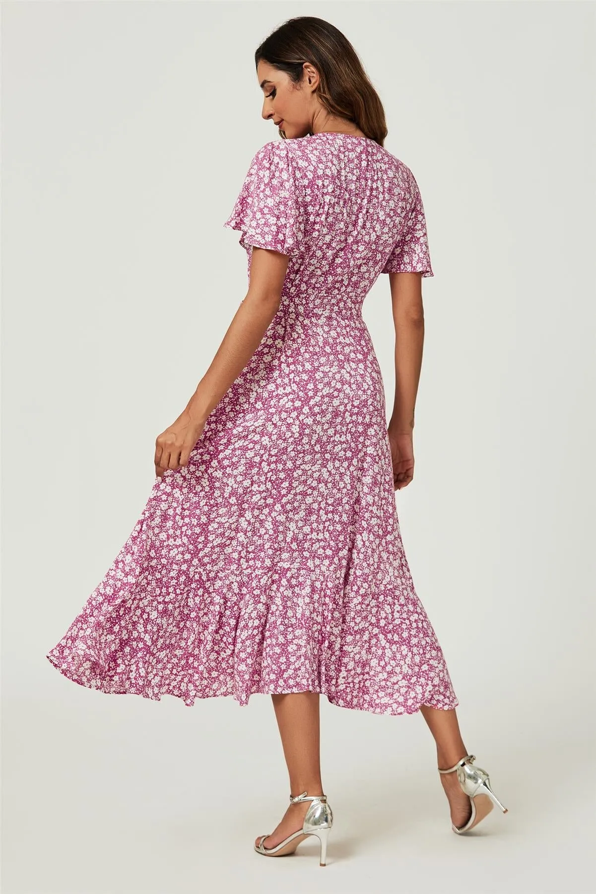 FS Collection Floral Print Midi Wrap Dress In Pink sold by Goddiva product image thumbnail 2