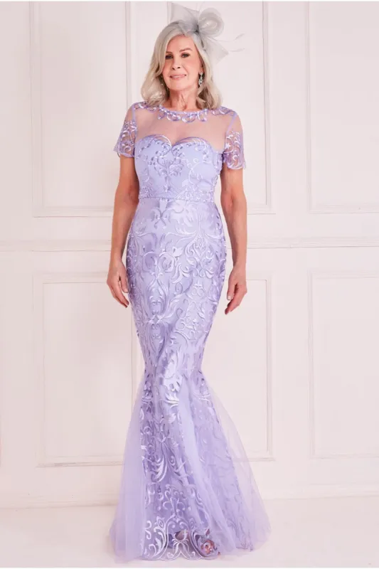 Goddiva Embroidered Lace Maxi With Scalloped Hem - Lilac sold by Goddiva