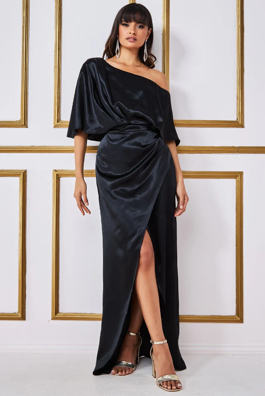 Satin Drape Shoulder Wrap Maxi Dress - Black by Goddiva sold by Goddiva