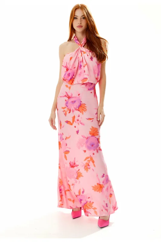 Liquorish Halter Maxi Floral Print Dress In Pink sold by Goddiva