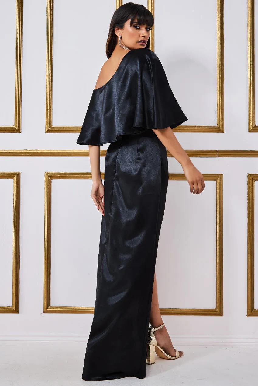 Satin Drape Shoulder Wrap Maxi Dress - Black by Goddiva sold by Goddiva product image thumbnail 3