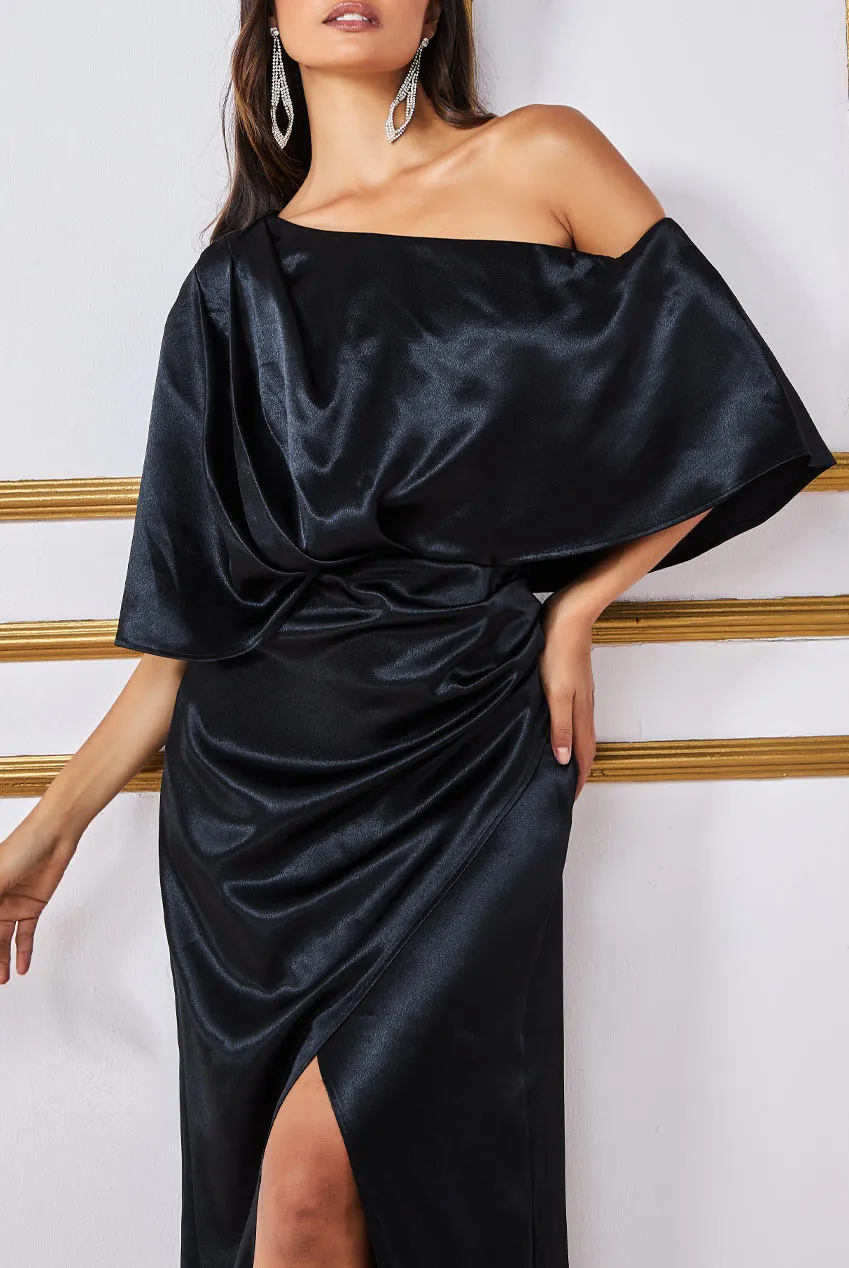 Satin Drape Shoulder Wrap Maxi Dress - Black by Goddiva sold by Goddiva product image thumbnail 2