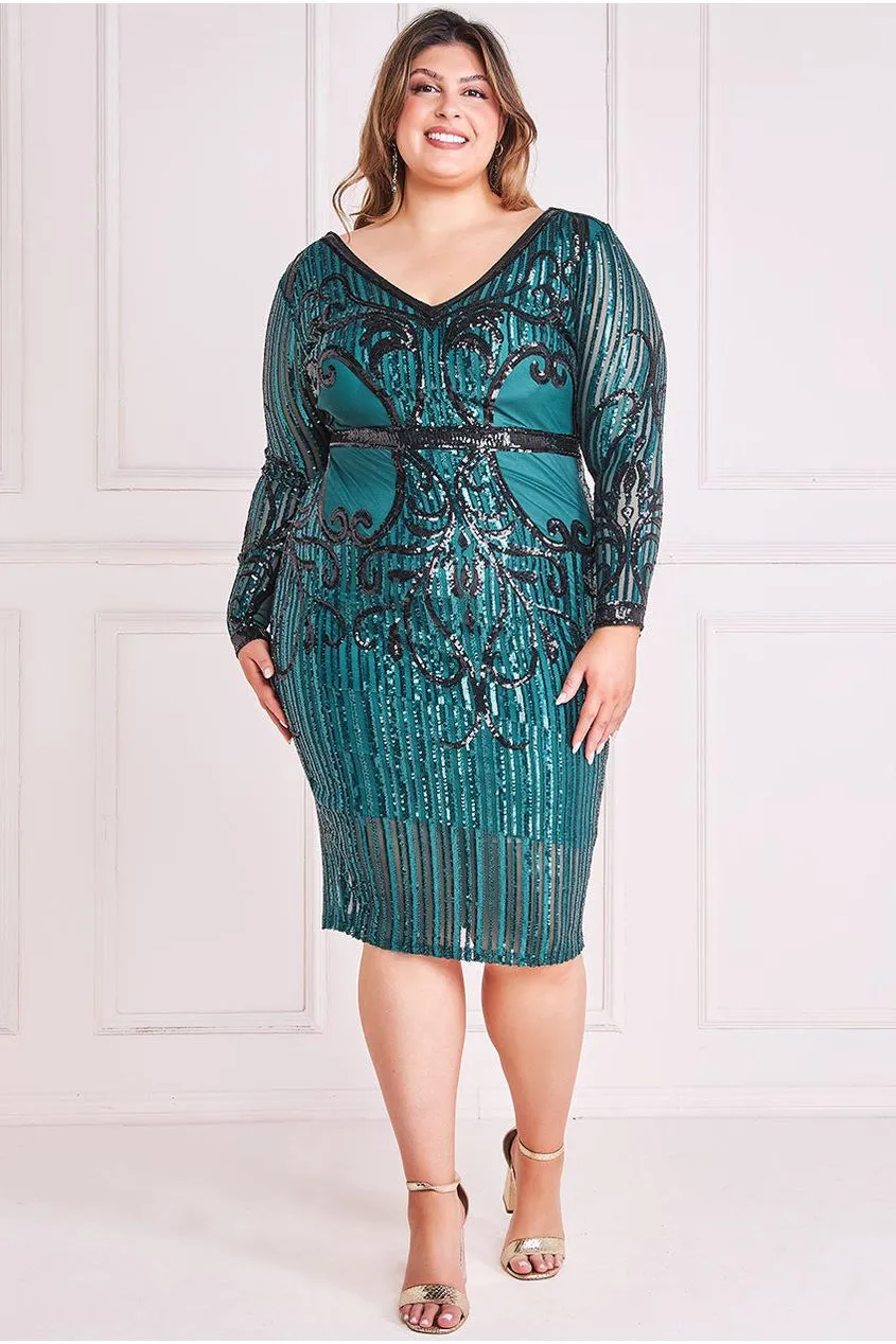 Sequin Mesh V Neck Midi Dress - Emerald by Goddiva Plus sold by Goddiva