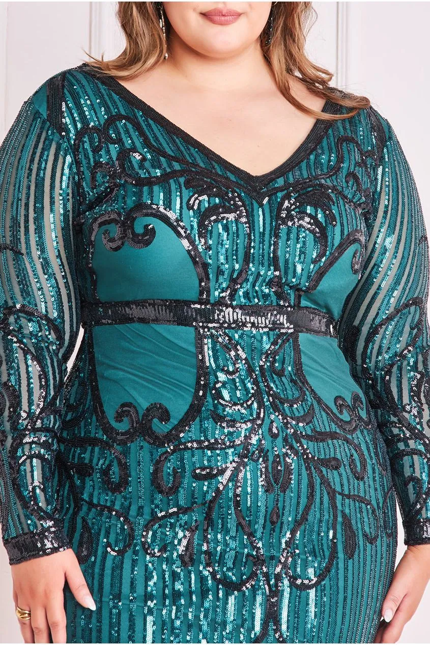 Sequin Mesh V Neck Midi Dress - Emerald by Goddiva Plus sold by Goddiva product image thumbnail 3