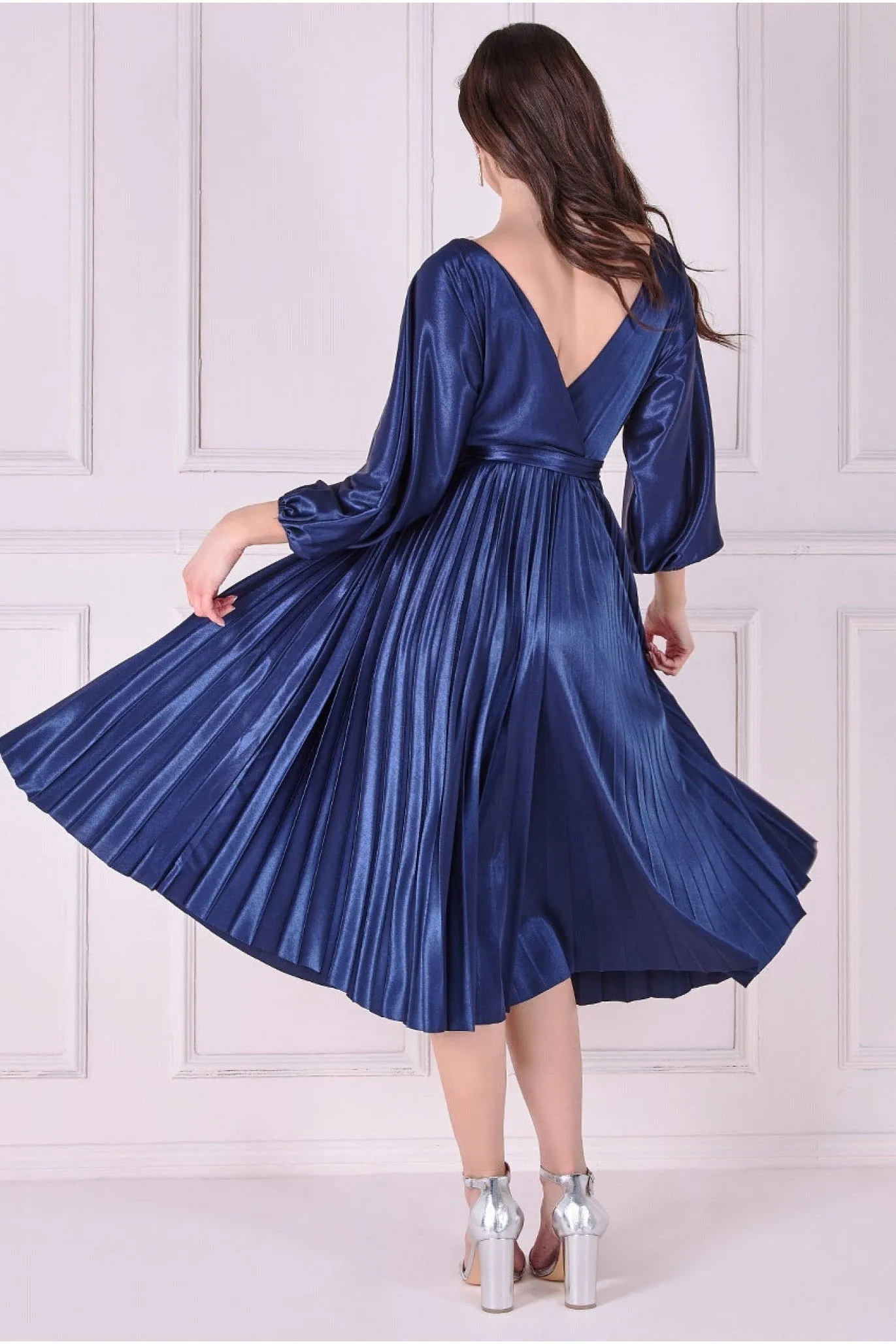 Satin Pleated Skirt Wrap Midi Dress - Navy by Goddiva sold by Goddiva product image thumbnail 2