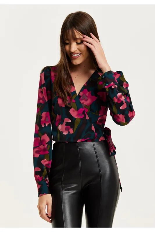 Floral Print Wrap Top In Green And Pink by Liquorish sold by Goddiva