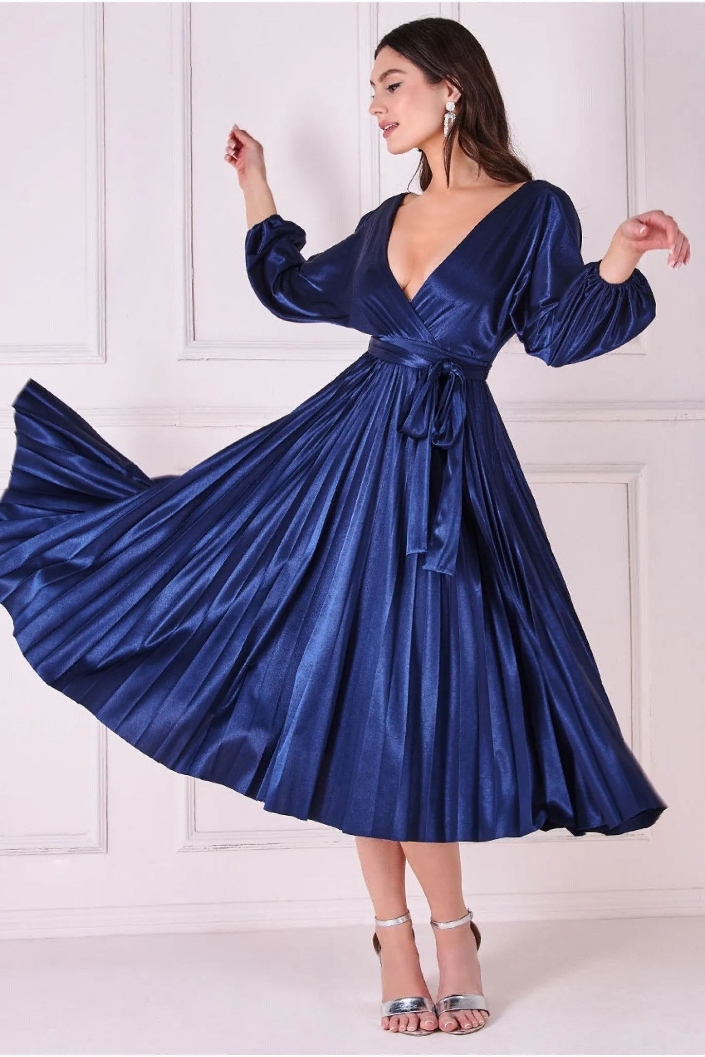 Satin Pleated Skirt Wrap Midi Dress - Navy by Goddiva sold by Goddiva product image thumbnail 3