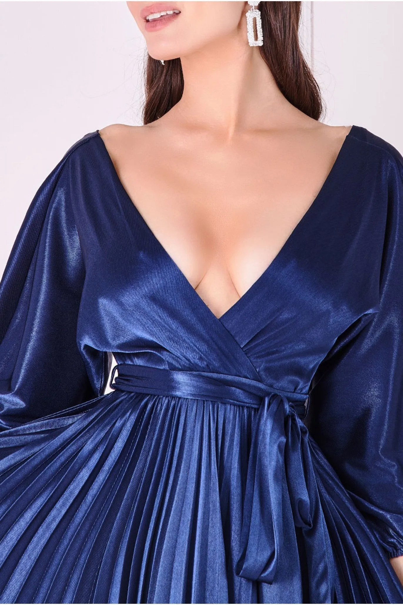 Satin Pleated Skirt Wrap Midi Dress - Navy by Goddiva sold by Goddiva product image thumbnail 4