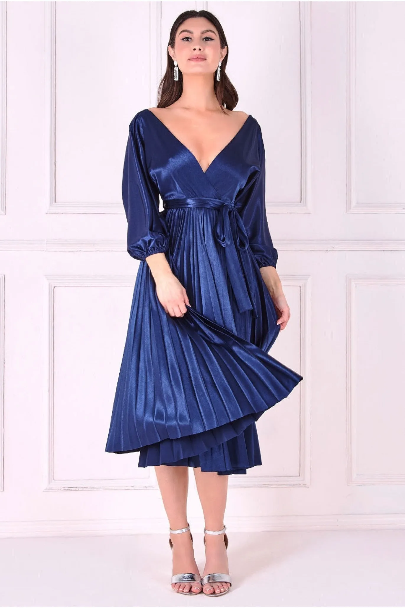 Satin Pleated Skirt Wrap Midi Dress - Navy by Goddiva sold by Goddiva