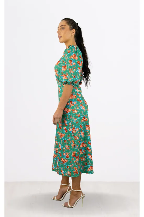 Signage Red Floral Print Round Neck Puff Sleeve Midi Dress sold by Goddiva product image thumbnail 3