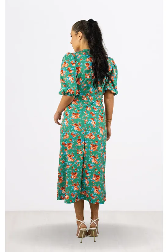 Signage Red Floral Print Round Neck Puff Sleeve Midi Dress sold by Goddiva product image thumbnail 4