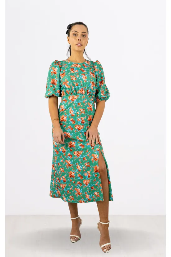 Signage Red Floral Print Round Neck Puff Sleeve Midi Dress sold by Goddiva