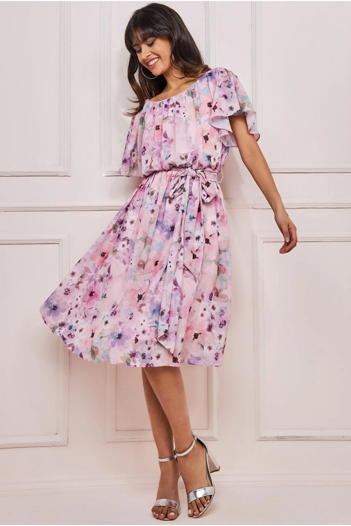 Goddiva Wrap Back Flutter Sleeve Midi - Pink sold by Goddiva