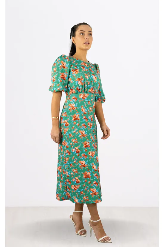 Signage Red Floral Print Round Neck Puff Sleeve Midi Dress sold by Goddiva product image thumbnail 2