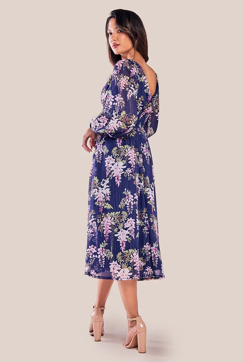 Printed Lurex Chiffon Long Sleeve Midi Dress - Navy by Goddiva sold by Goddiva product image thumbnail 2
