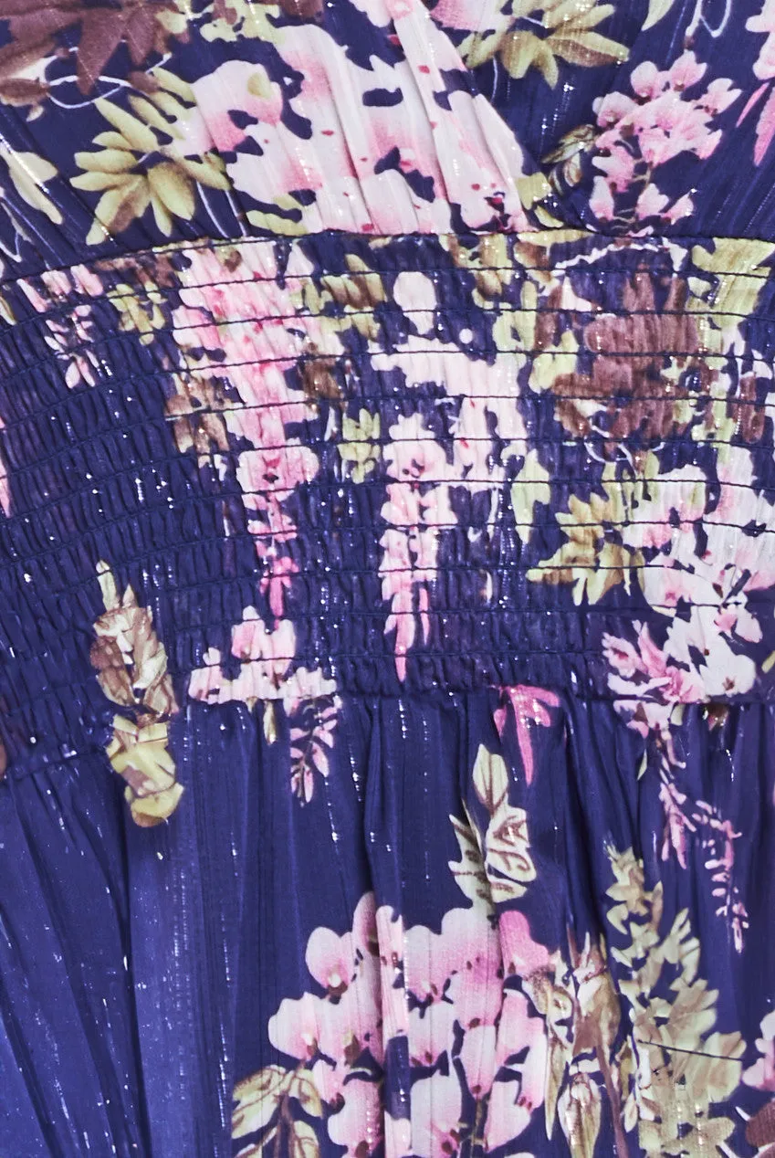 Printed Lurex Chiffon Long Sleeve Midi Dress - Navy by Goddiva sold by Goddiva product image thumbnail 4