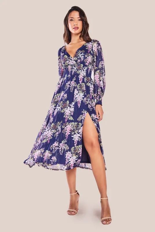 Printed Lurex Chiffon Long Sleeve Midi Dress - Navy by Goddiva sold by Goddiva