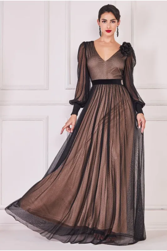 Corsage V-Neck Dobby Mesh Maxi - Black by Goddiva sold by Goddiva