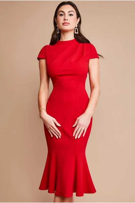 Goddiva Pleated Shoulder High Neck Midi Dress - Red sold by Goddiva