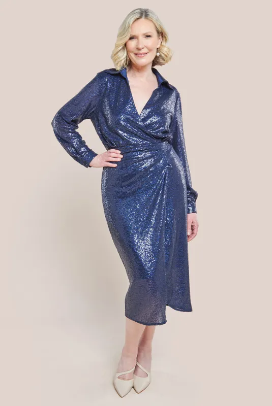 Sequin Front Split Shirt Dress - Navy by Goddiva sold by Goddiva