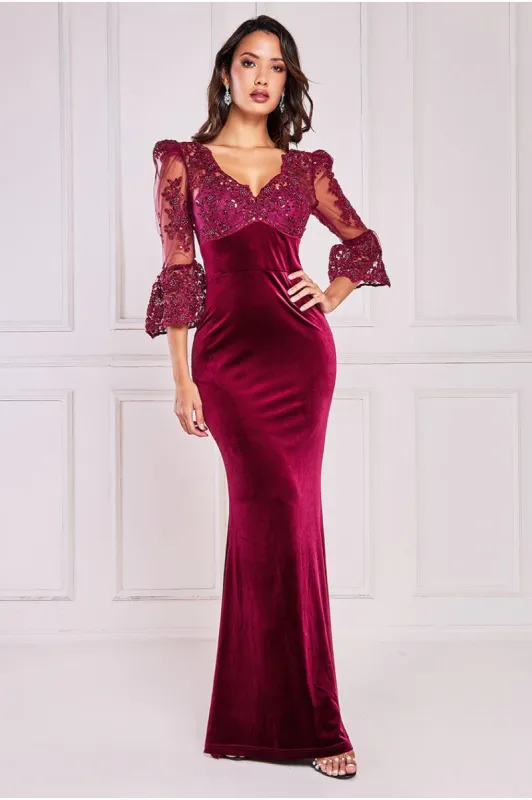 Scalloped Lace & Velvet Maxi Dress - Burgundy by Goddiva sold by Goddiva