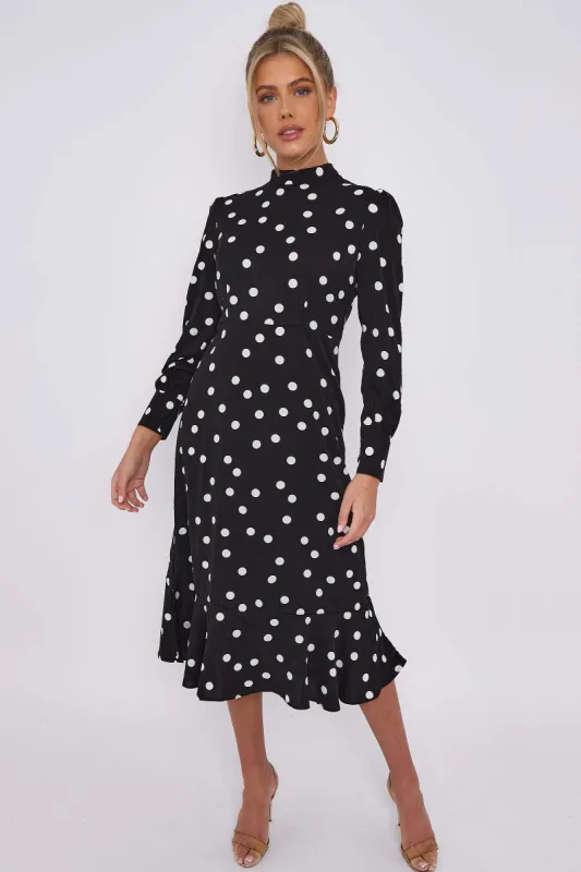 LOVE SUNSHINE Black Polka Dot Print Frilled Hem Midi Dress sold by Goddiva
