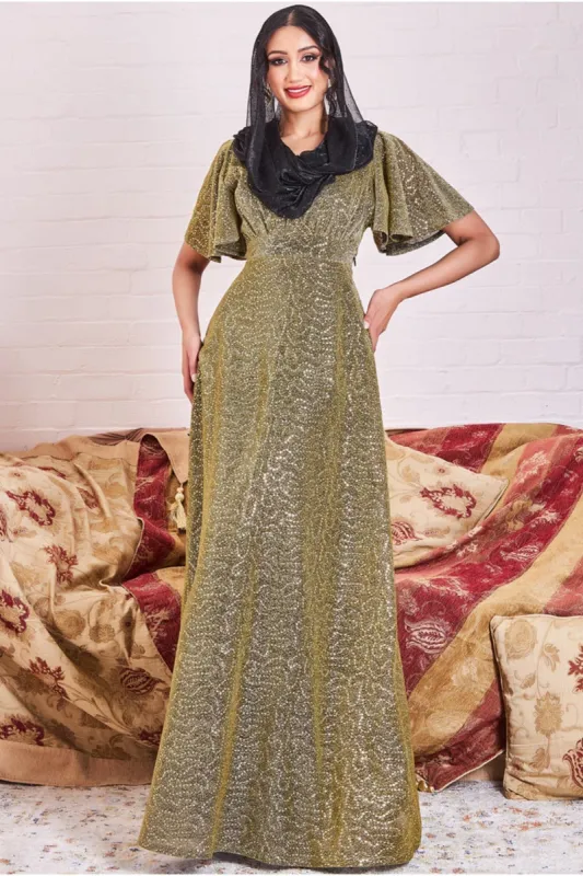 Modesty Lurex Flutter Sleeve Maxi - Gold by Goddiva sold by Goddiva
