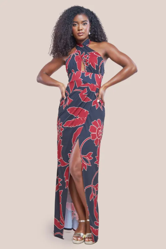 Printed Crossover Maxi Dress - Black by Goddiva sold by Goddiva