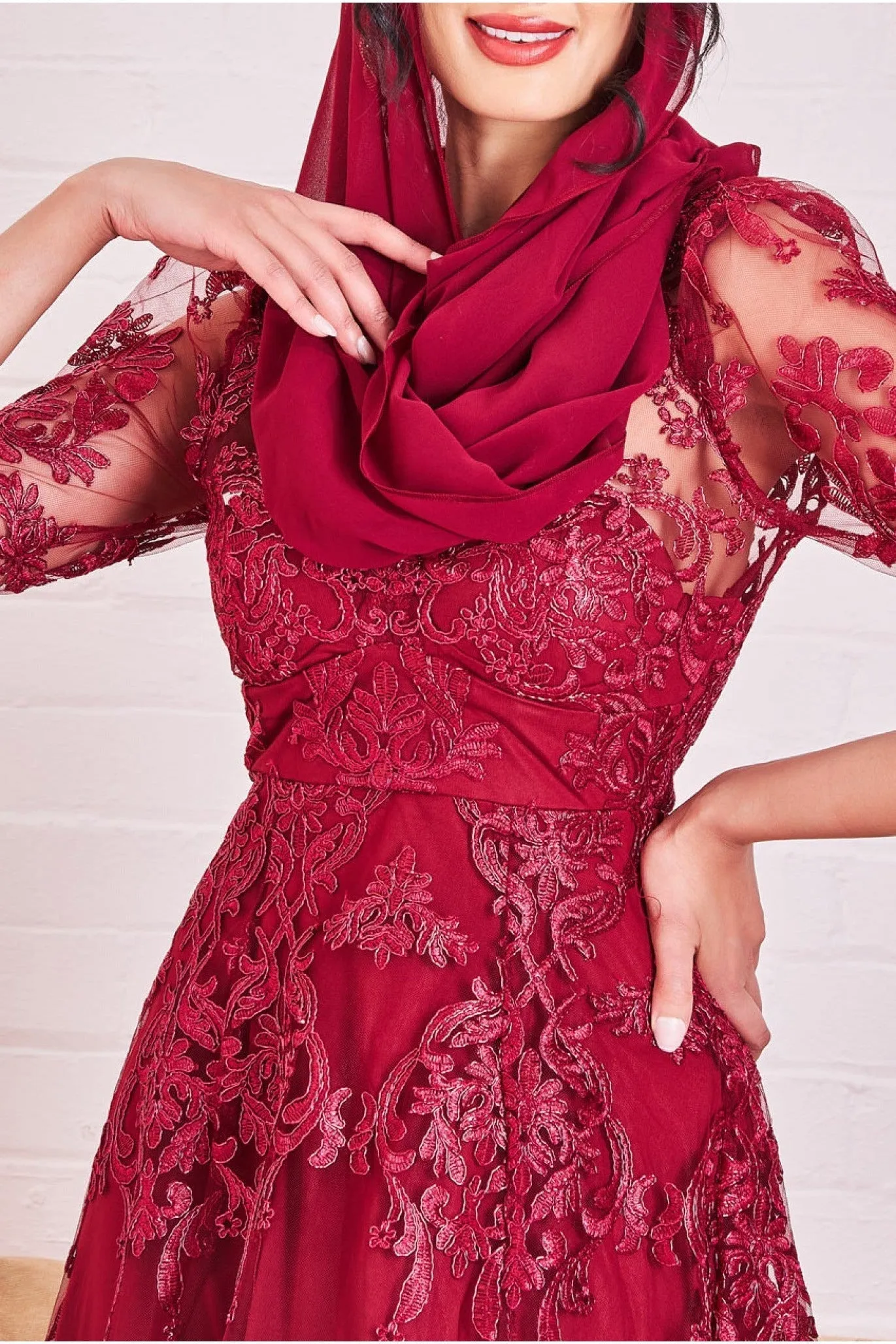 Goddiva Modesty Lace Dipped Hem Midi Dress - Wine sold by Goddiva product image thumbnail 3