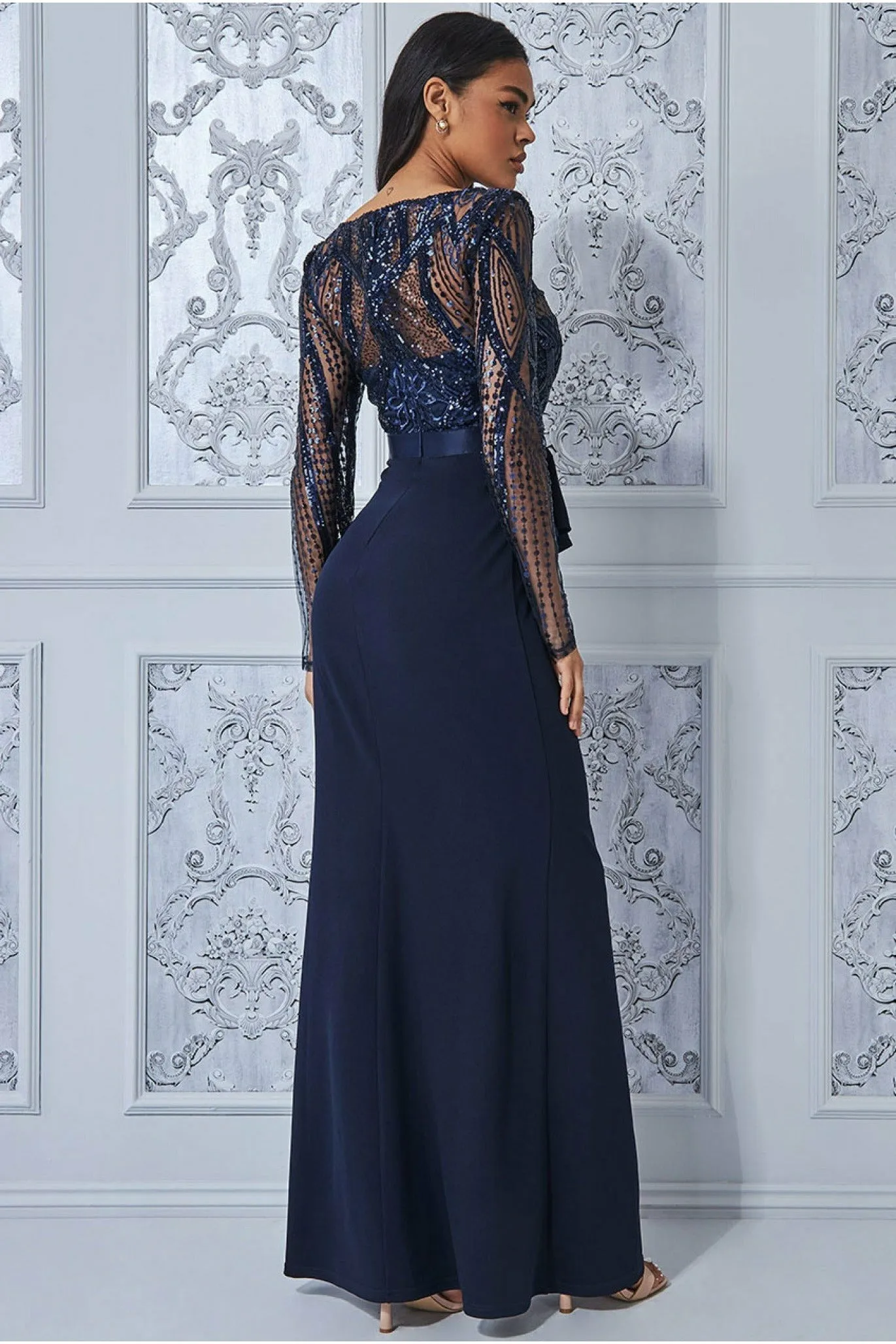 Sequin Bodice With Front Frill Maxi - Navy by Goddiva sold by Goddiva product image thumbnail 2