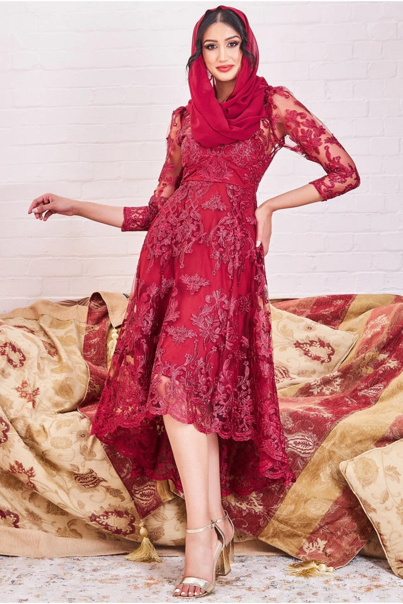Goddiva Modesty Lace Dipped Hem Midi Dress - Wine sold by Goddiva