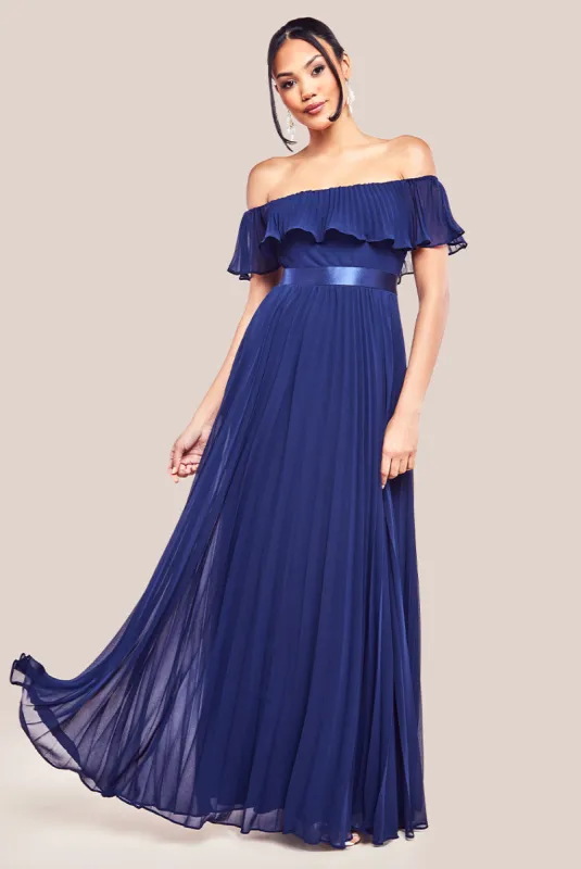 Pleated Chiffon Off Shoulder Maxi Dress - Navy by Goddiva sold by Goddiva