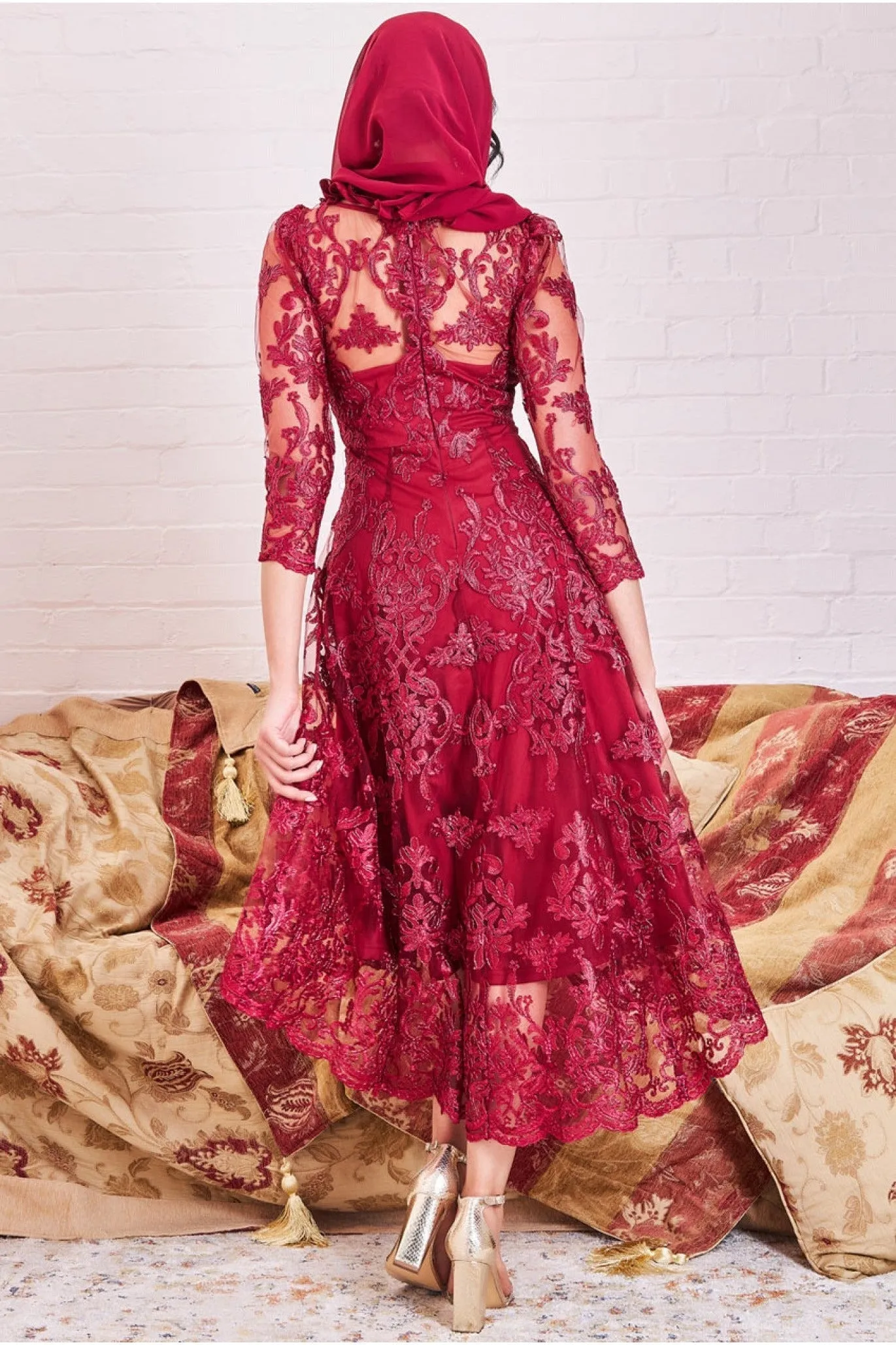 Goddiva Modesty Lace Dipped Hem Midi Dress - Wine sold by Goddiva product image thumbnail 2