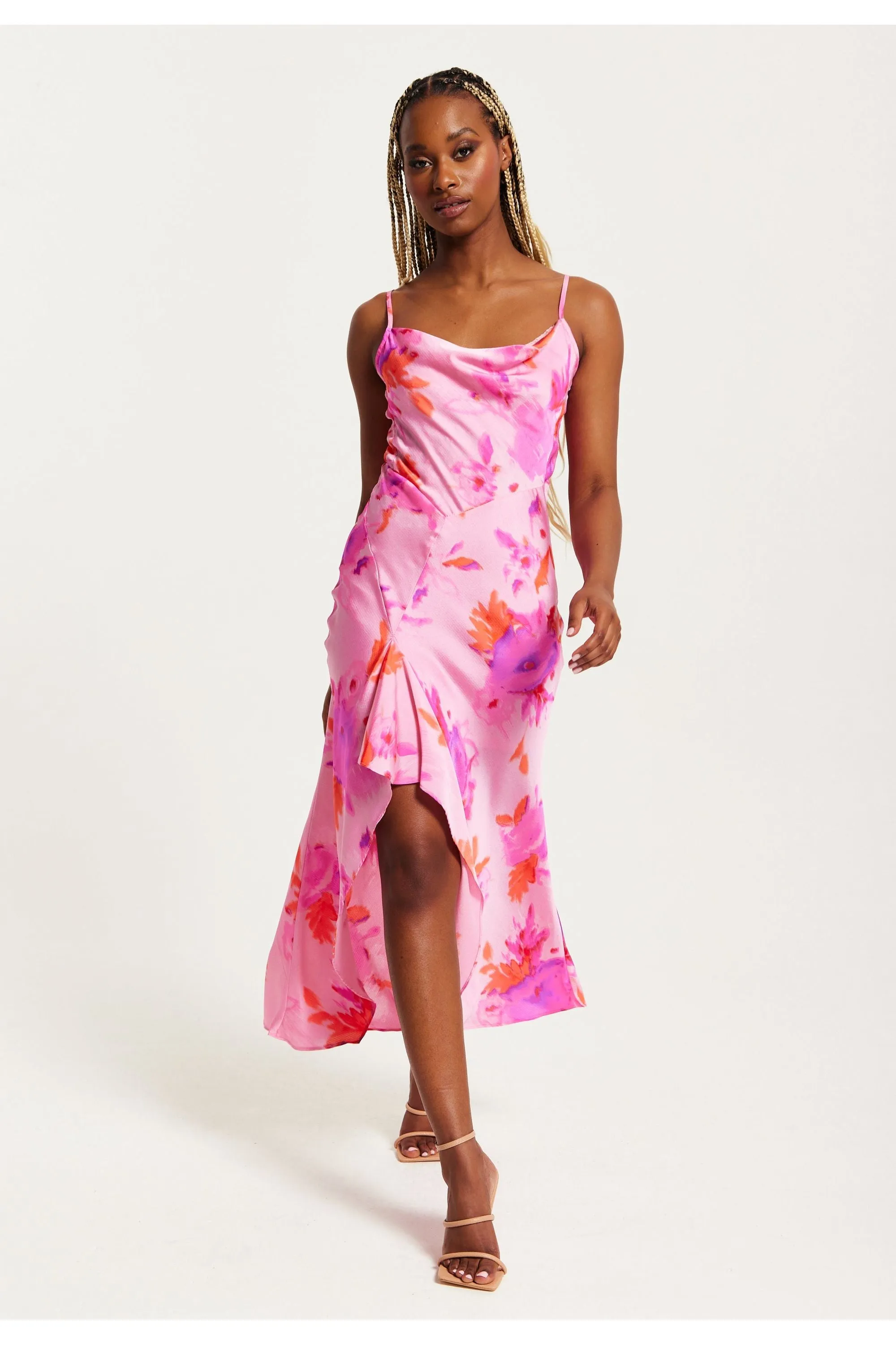Cowl Neck Maxi Floral Print Dress In Pink by Liquorish sold by Goddiva