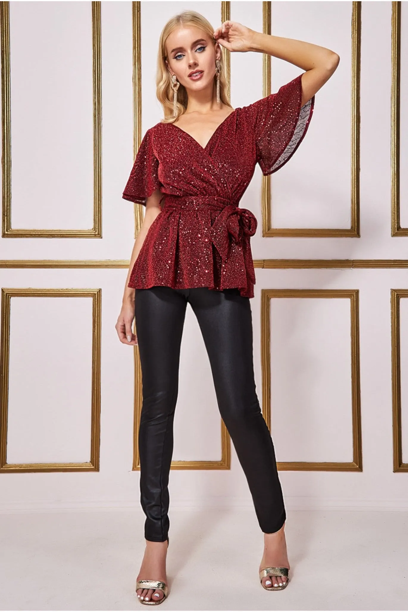 Lurex Flutter Sleeve Wrap Top - Wine by Goddiva sold by Goddiva