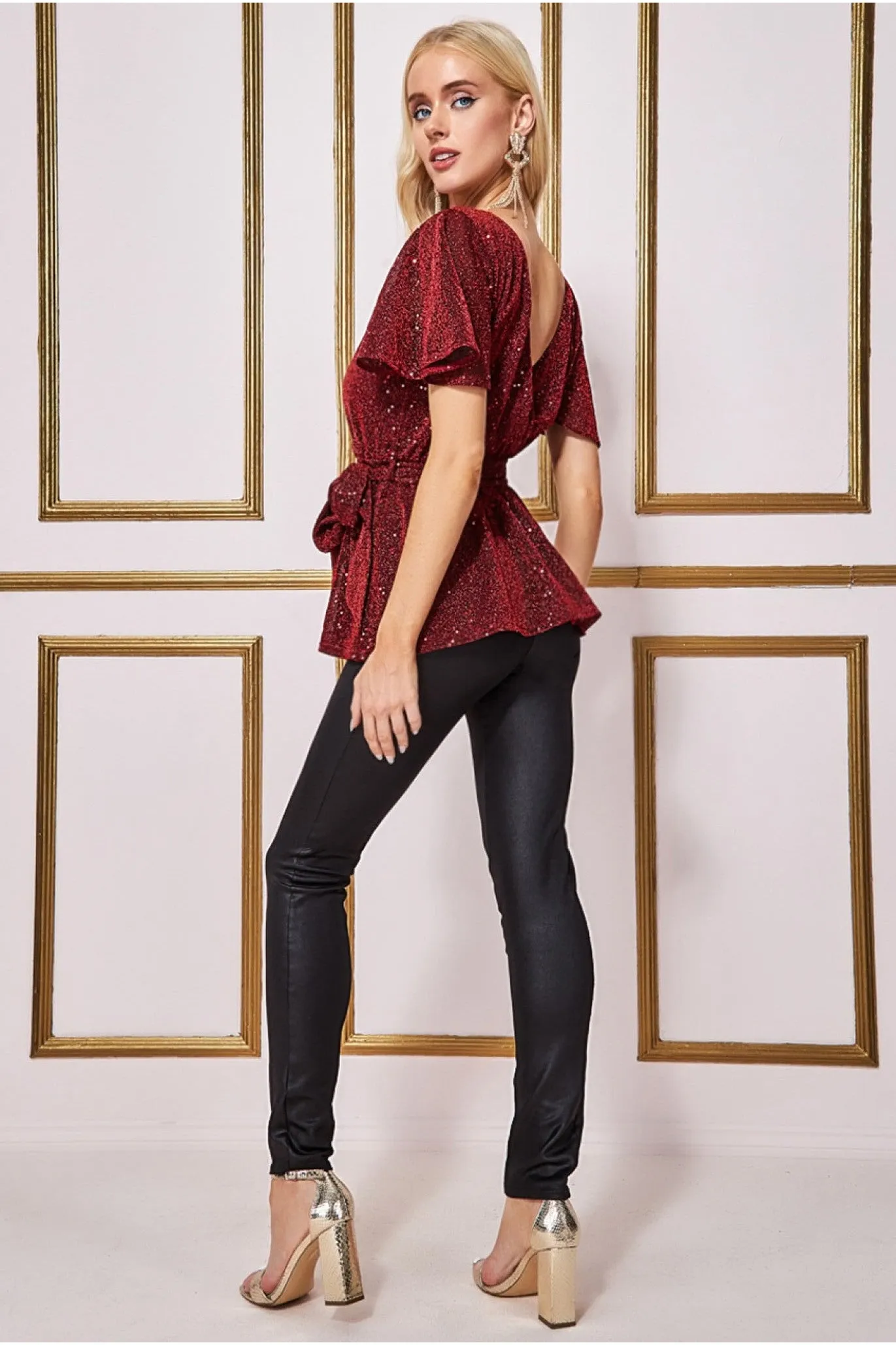 Lurex Flutter Sleeve Wrap Top - Wine by Goddiva sold by Goddiva product image thumbnail 4