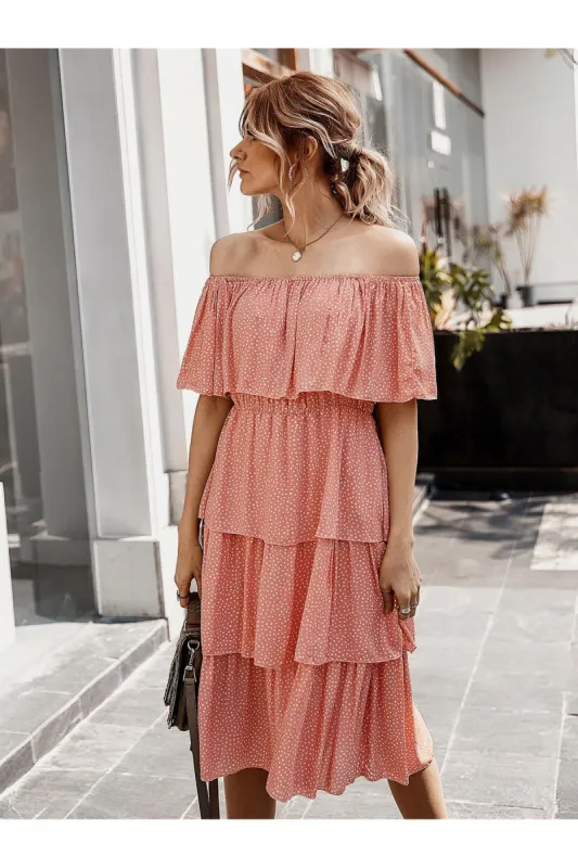 FS Collection Off The Shoulder Bardot Frill Tiered Dress In Peach Polka Dot sold by Goddiva