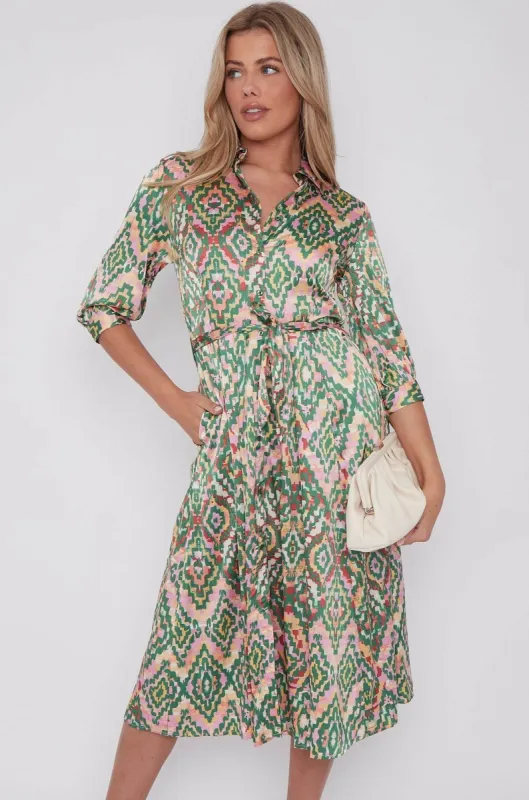 Green Aztec Print Half SleeveSatin Midi Shirt Dress by LOVE SUNSHINE sold by Goddiva