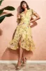 City Goddess Wrap Flutter Sleeve Floral Midi Dress - Yellow sold by Goddiva