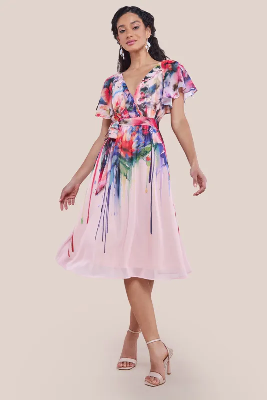 Goddiva Flutter Sleeve Floral Bodice Midi Dress - Blush sold by Goddiva