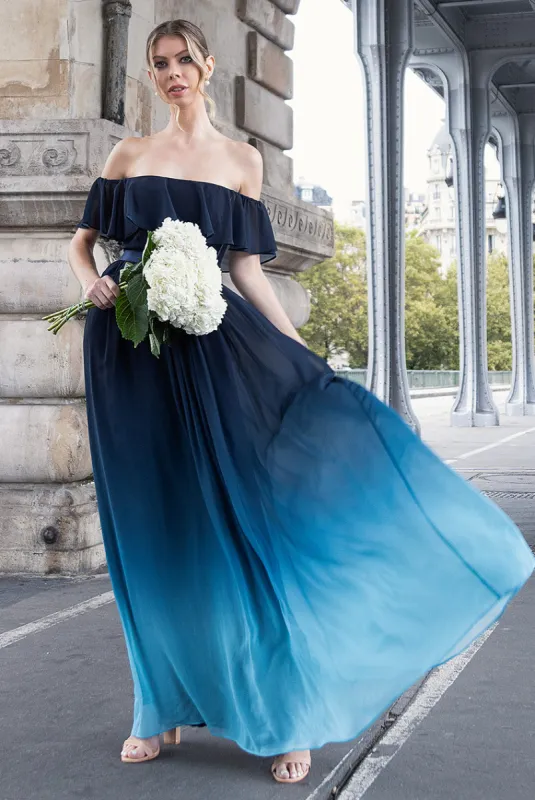 Ombre Chiffon Bardot Frill A-line Maxi Dress - Navy Ombre by Goddiva sold by Goddiva