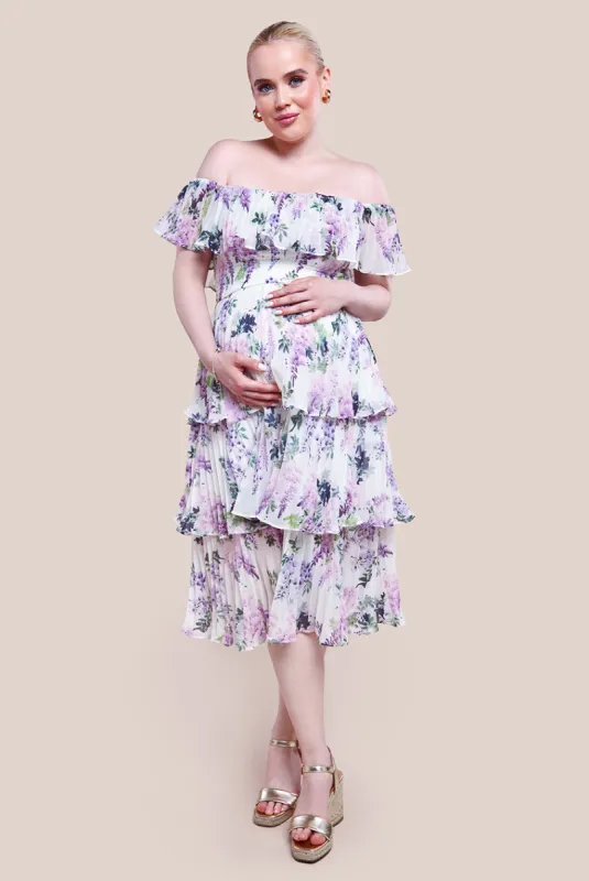 Maternity Shirred Chiffon Floral Bardot Midi Dress - Multi by Goddiva sold by Goddiva