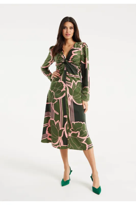Liquorish Geometric Floral Knot Front Midi Dress sold by Goddiva