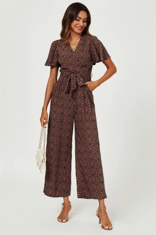 FS Collection Leopard Print Wrap Top Jumpsuit In Rusty sold by Goddiva