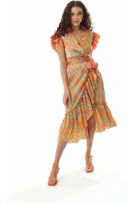Liquorish Orange Scribble Print Midi Wrap Dress With Frill sold by Goddiva