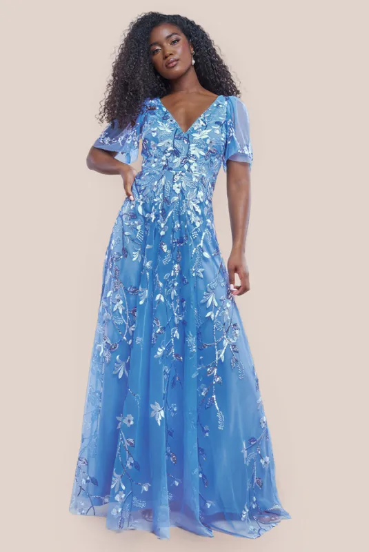 Flared Sleeve Embroidered Maxi Dress - Cornflower Blue by Goddiva sold by Goddiva