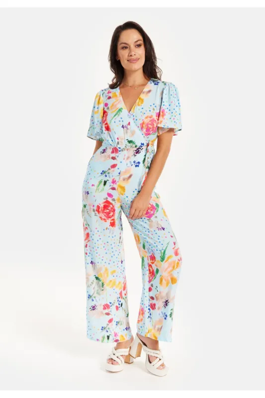 Blue Floral Print Jumpsuit With Wide Legs by Liquorish sold by Goddiva